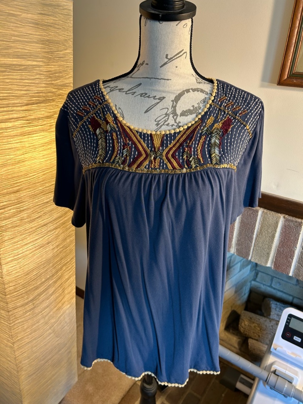 hazel Navy Short Sleeve Top with Multicolor Embroidered Yoke